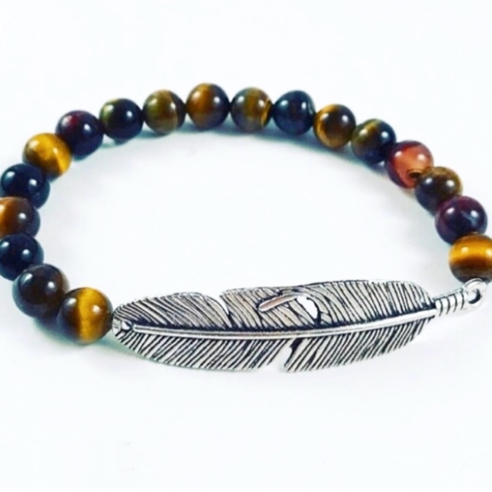 Genuine tiger eye silver boho feather bracelet